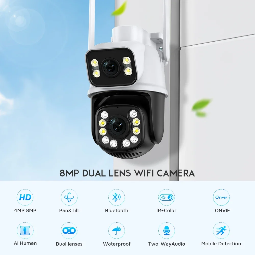 

4K 8MP Outdoor Wireless Security Camera Dual Lens Dual Screen AI Human Detect Auto Tracking PTZ Wifi Survalance Camera iCSee App