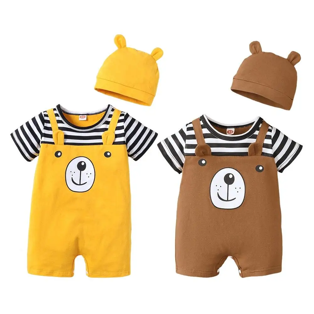 Newborn Baby Striped Shoulder Strap Teddy Bear Jumpsuit+Hat For Summer Boys And Girls Aged 0-2 Years infant romper