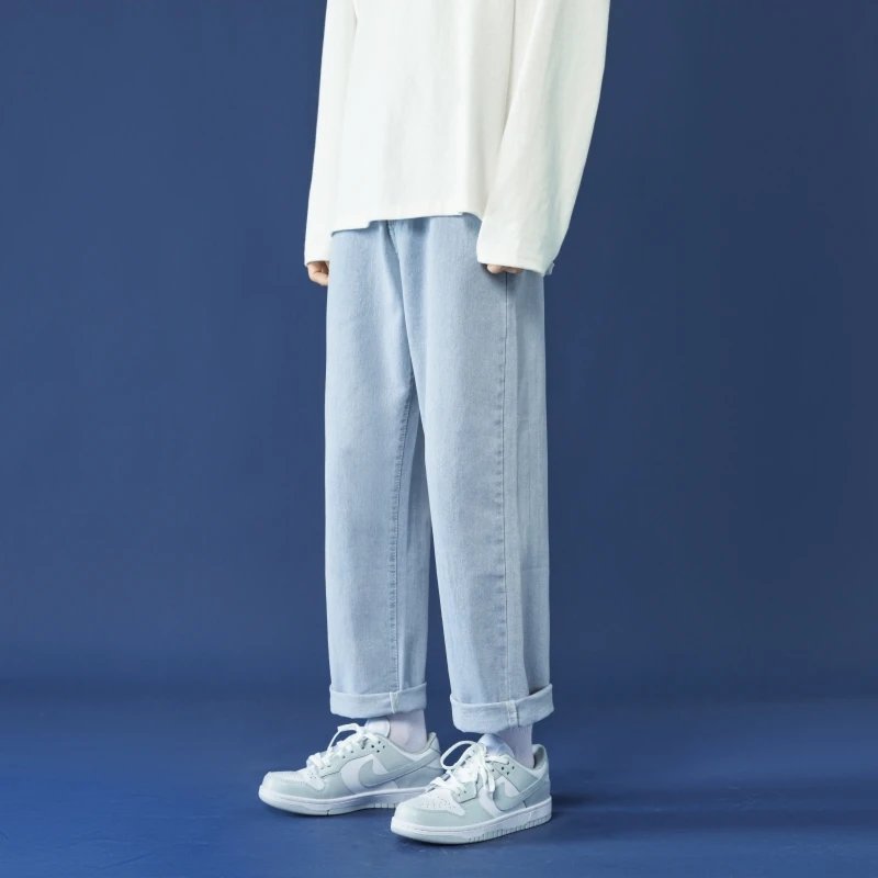 CAAYU 2023 Casual Baggy Jeans Mens Korean Streetwear Fashion Hip Hop Straight Wide Leg Trousers Couple Casual Pants Black Blue