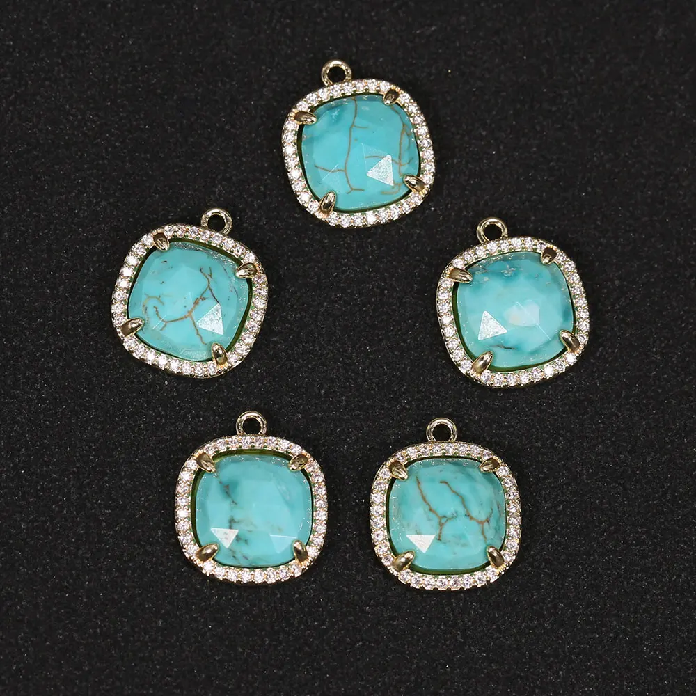 APDGG 5Pcs Natural Blue Turquoises Faceted Square Shape CZ Paved Pendant Charms For Necklace Earrings Jewelry Making DIY