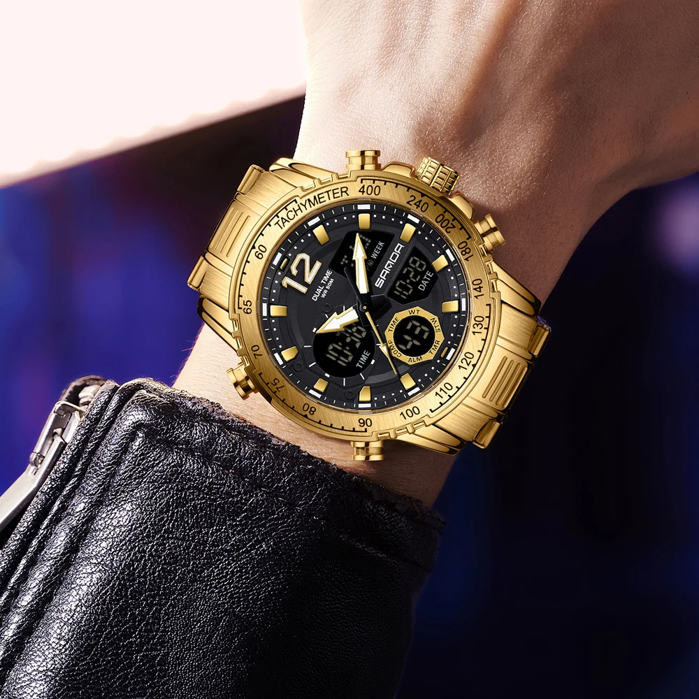 Sanda Top Brand Luxury Chronograph Men Watches Gold Steel Sport  Digital Analog Big Quartz Watch For Man Relogio Masculino, Alina Gadgets