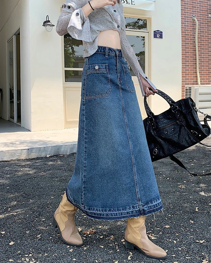 【SATIIIZ】Kina Cutting Denim Long Skirt GUUZYUVIZ-Women's Vintage Denim Color Contrast Long Skirt, A