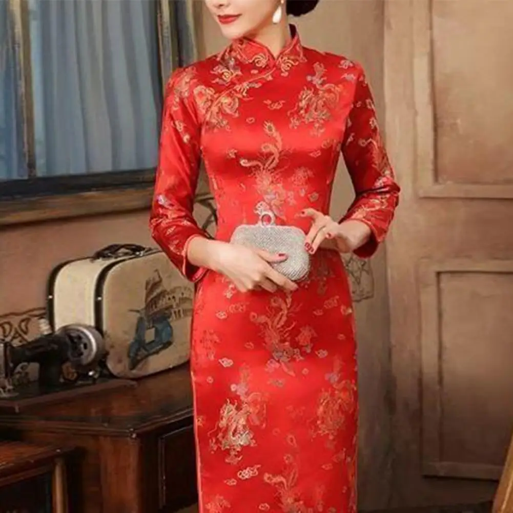 

Hip-hugging Cheongsam Dress Elegant Vintage Chinese Style Maxi Dress with Stand Collar Side Split Women's Classic Qipao