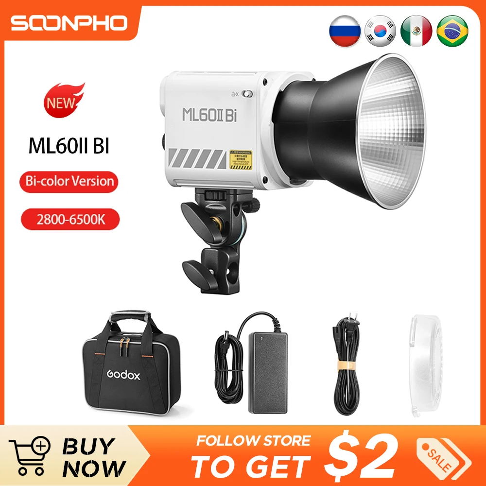 Godox ML60II BI 2800K -6500K LED 비디오 라이트, 무소음 모드, 휴대용 밝기 조정 지지대, 리튬 이온 야외 LED 업그레이드 램프