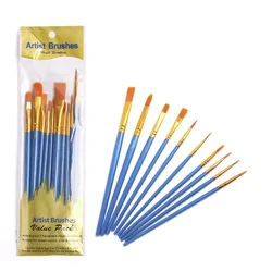 Professional Nylon Hair Paint Brush Set - 10-Piece Colorful Collection (Blue)