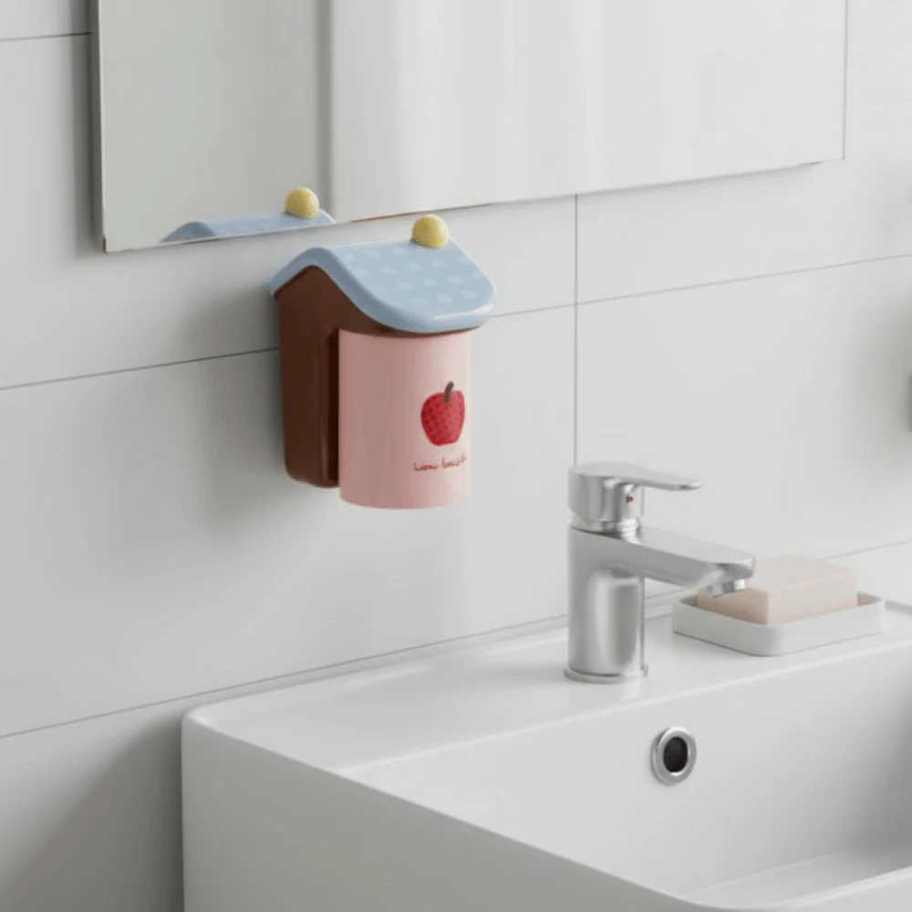 Wall Mounted Toothbrush Cup Holder Magnetic Cartoon Inverted Drain Holder Plastic Ventilated Mouthwash Cup Holder Hotel