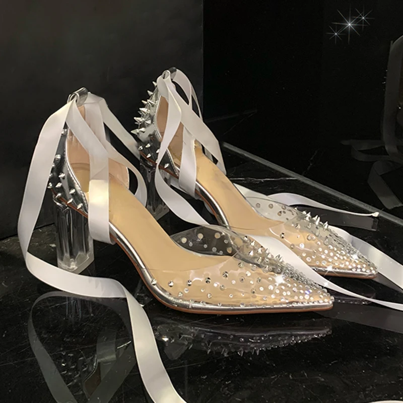 

Rivet Rhinestone Thick Heeled Sandals for Women 2023 New Transparent Crystal Pointed High Heels