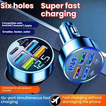 Caricabatteria da auto super veloce 6in1 con 4 porte USB 2 USB C Monitor di tensione digitale per ricarica accendisigari per auto120
