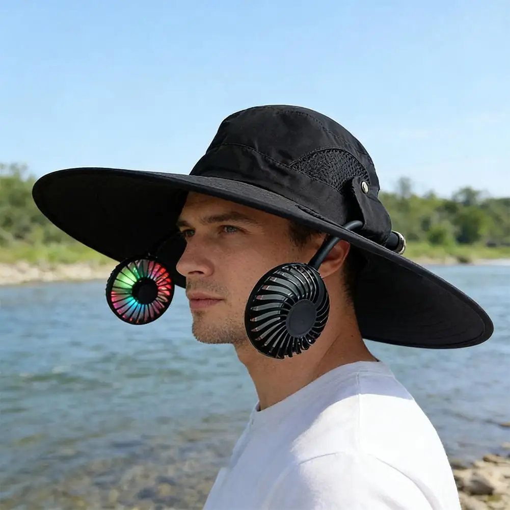 Sommer Herren Sonnenhut mit breiter Krempe und Solarventilator – Outdoor-Schutz-Sonnenhüte mit 2 Solarventilatoren für Wandern und Angeln – Solarbetriebene Visierkappe – Neu eingetroffen – Detail 9