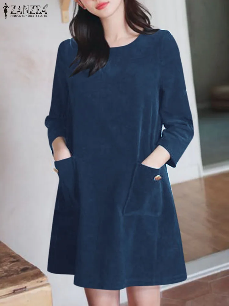 

Elegant Baggy Round Neck Robes ZANZEA Women Solid Short Dresss 2024 Spring 3/4 Sleeve Mini Dress Casual Loose A-line Vestidos