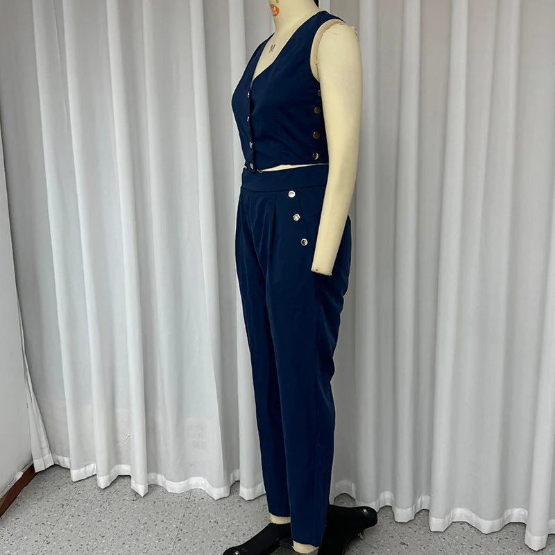 Wefads Two Piece Set Summer Women Office Fashion V Neck Single Breasted Button Sleeveless Vest Top With Pockets Pants Sets
