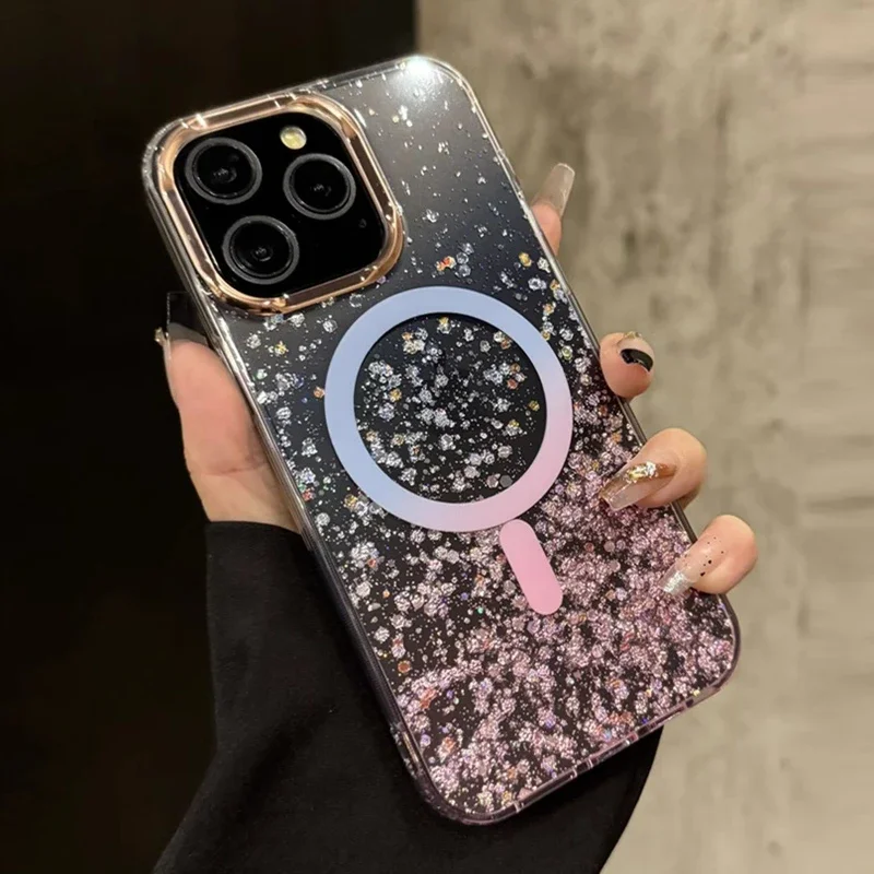 Luxus-Glitzer für Magsafe Acrylhülle für iPhone 16 15 Pro Max 14 13 Magnetische Gradient-Bling-Hardcover für iPhone 16ProMax_voghion.com