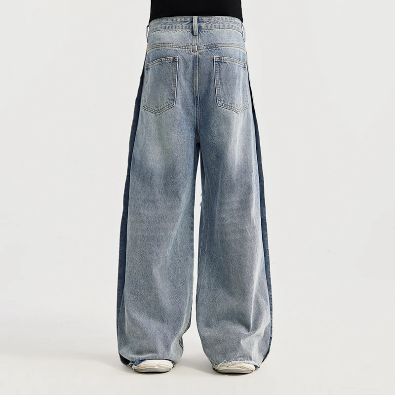 High Quality Men Ripped Jeans Vintage Blue Wide Leg Denim Pants Side Button Patchwork Hip Hop Spring Streetwear Baggy Trouser