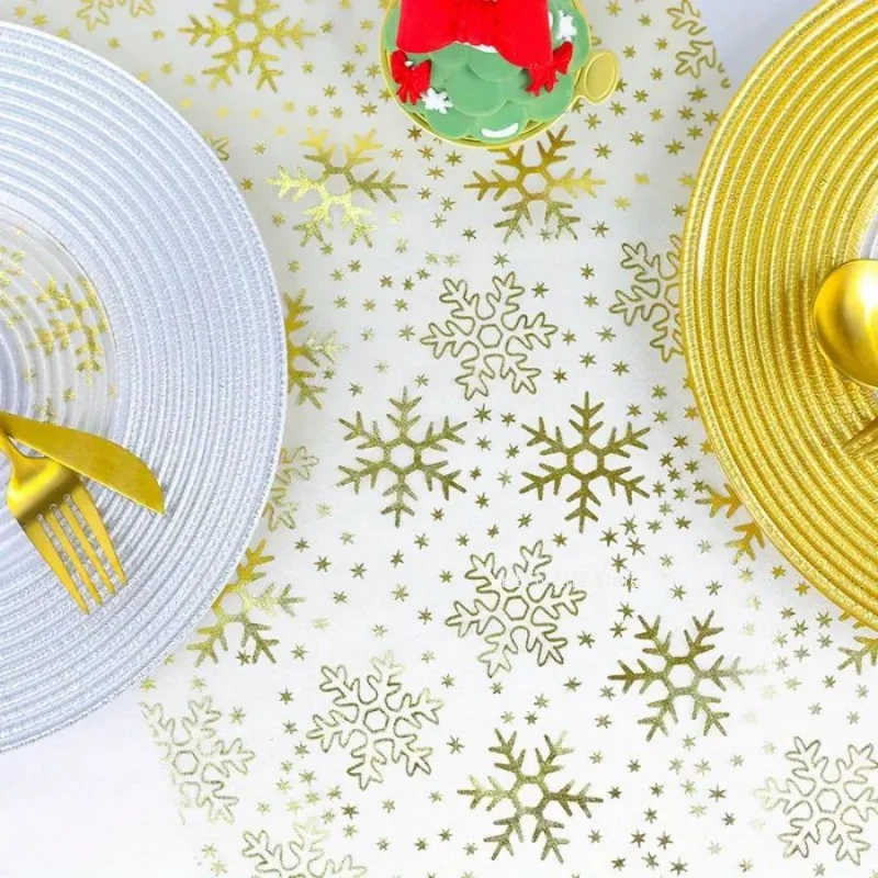 2025 Xmas Organza Snowflake Christmas Table Runner Sparkly Glitter Golden/Silver Metallic Dining Table Decoration 28x275cm