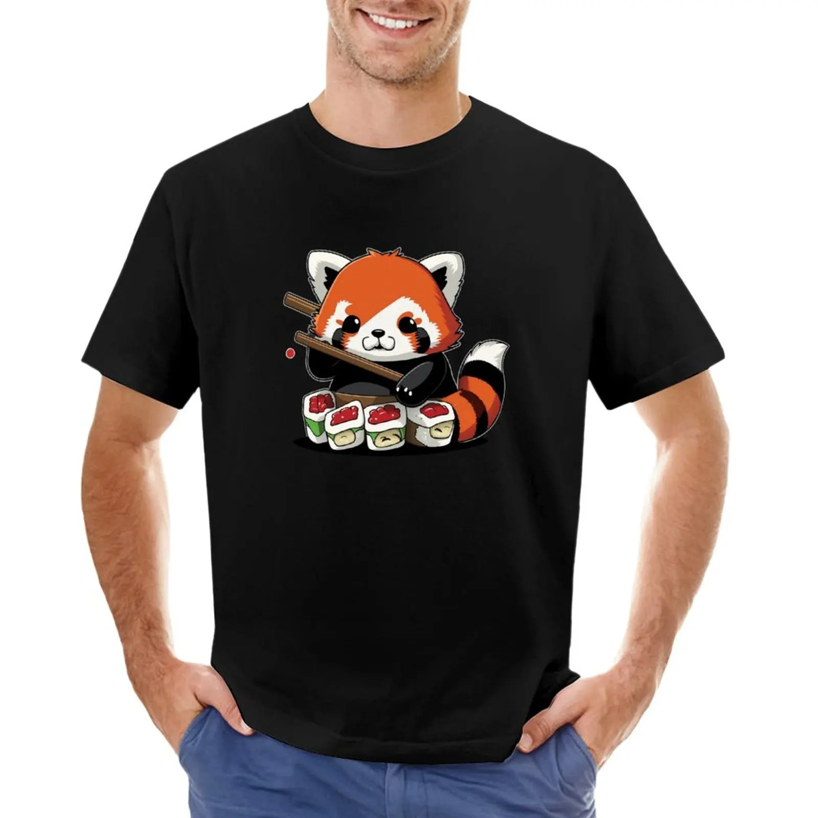 

Cuddly Kawaii Red Panda eating sushi. T-Shirt Short t-shirt summer top black t shirts for men