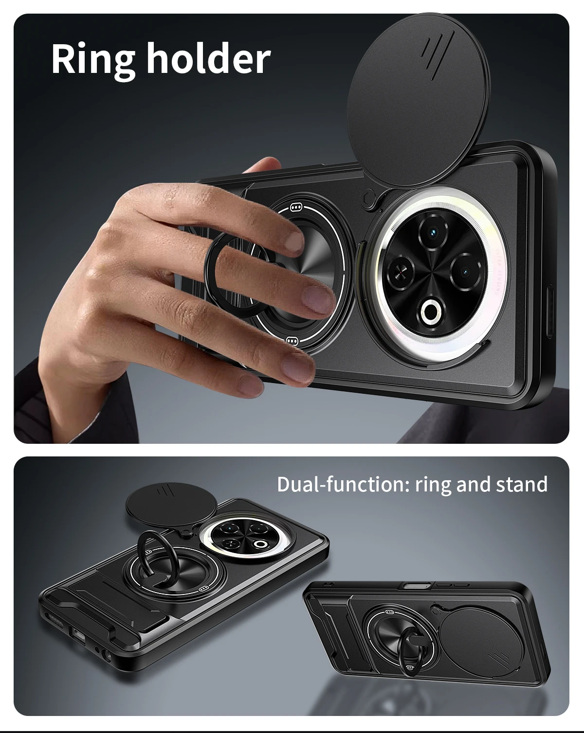 Armor Shockproof Phone Case with Sliding Camera Cover and Magnetic Ring Kickstand