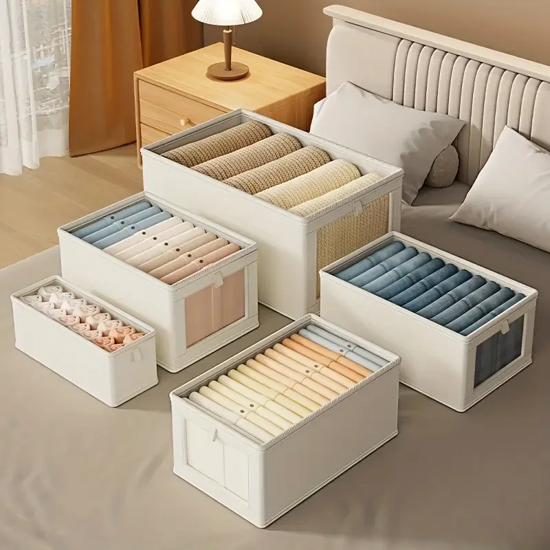 Canvas Storage Box with Transparent Cover,Foldable Clothing Storage Box,Stackable, Foldable Storage Basket for Household Clothes
