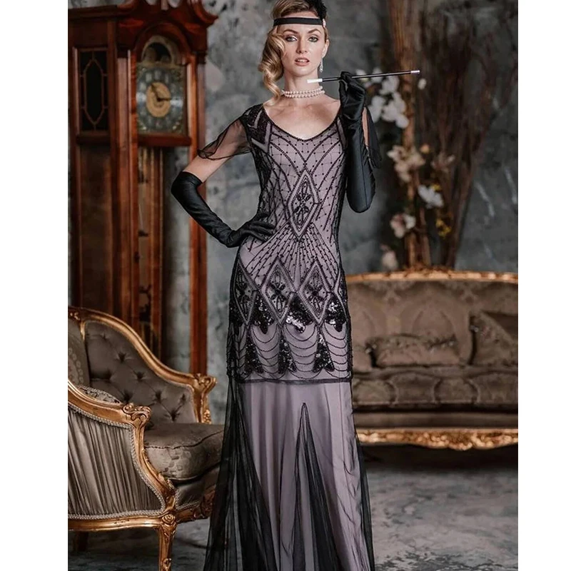 Amazon.com: Women Evening Dress 1920s Flapper Cocktail Mermaid Plus Size Formal  Gown with Long Gloves (Black, S) : Clothing, Shoes & Jewelry