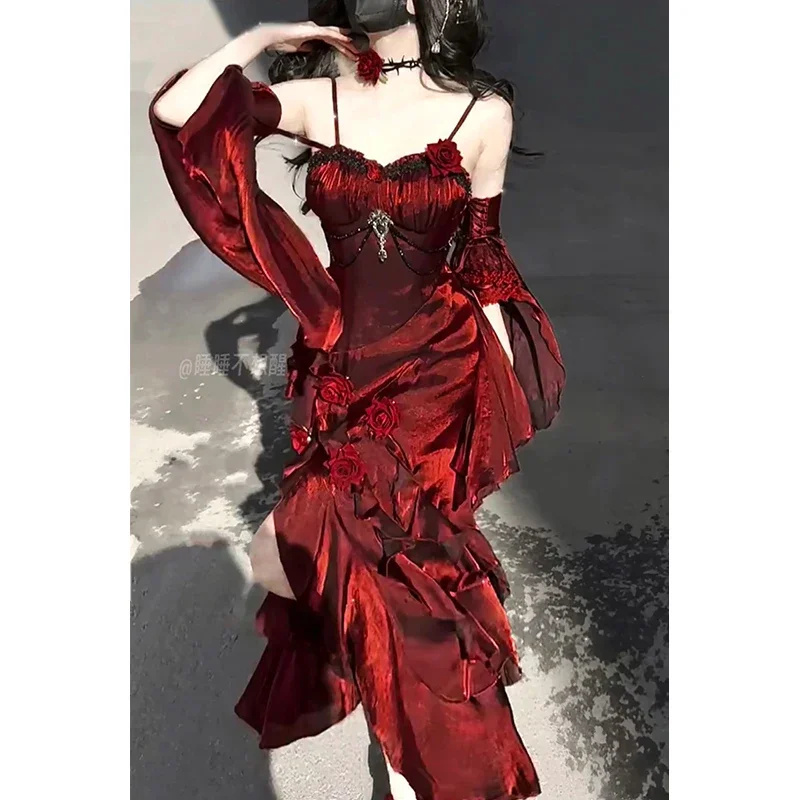 Christmas Red Rose Robe Ruffles Long Sling Dress for Women Party