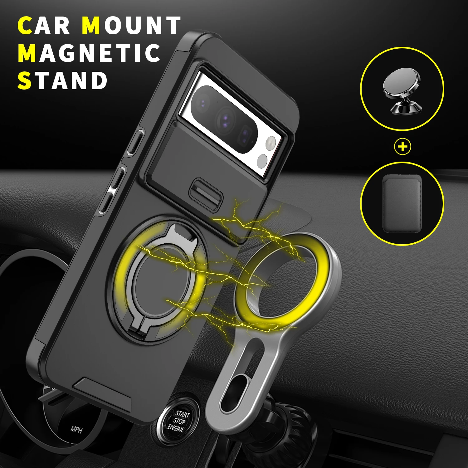 Shockproof Hybrid Dual Layer Magnetic Ring Stand Case with Slide Camera Lens Protection