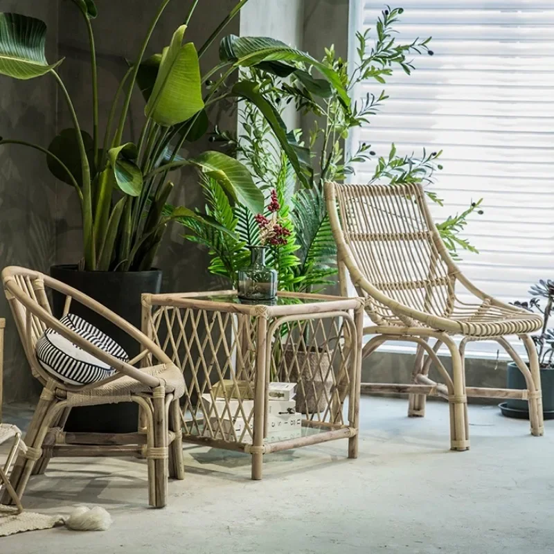 Retro rattan tea table Nordic homestay living room bay window tatami Japanese balcony tea table and rattan chair combination