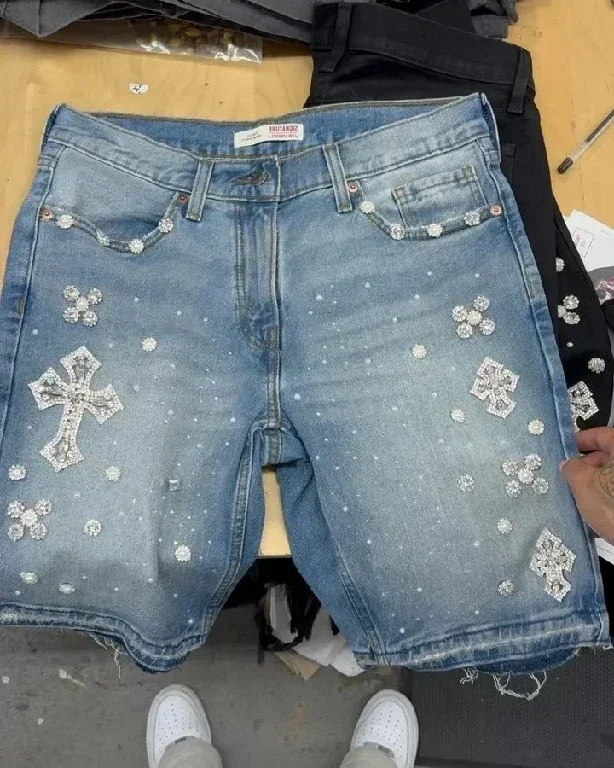 Y2K Gothic Shorts Hip Hop Rhinestones Retro Blue Streetwear Baggy Jeans Denim Gym Shorts Men Women High Waist Basketball