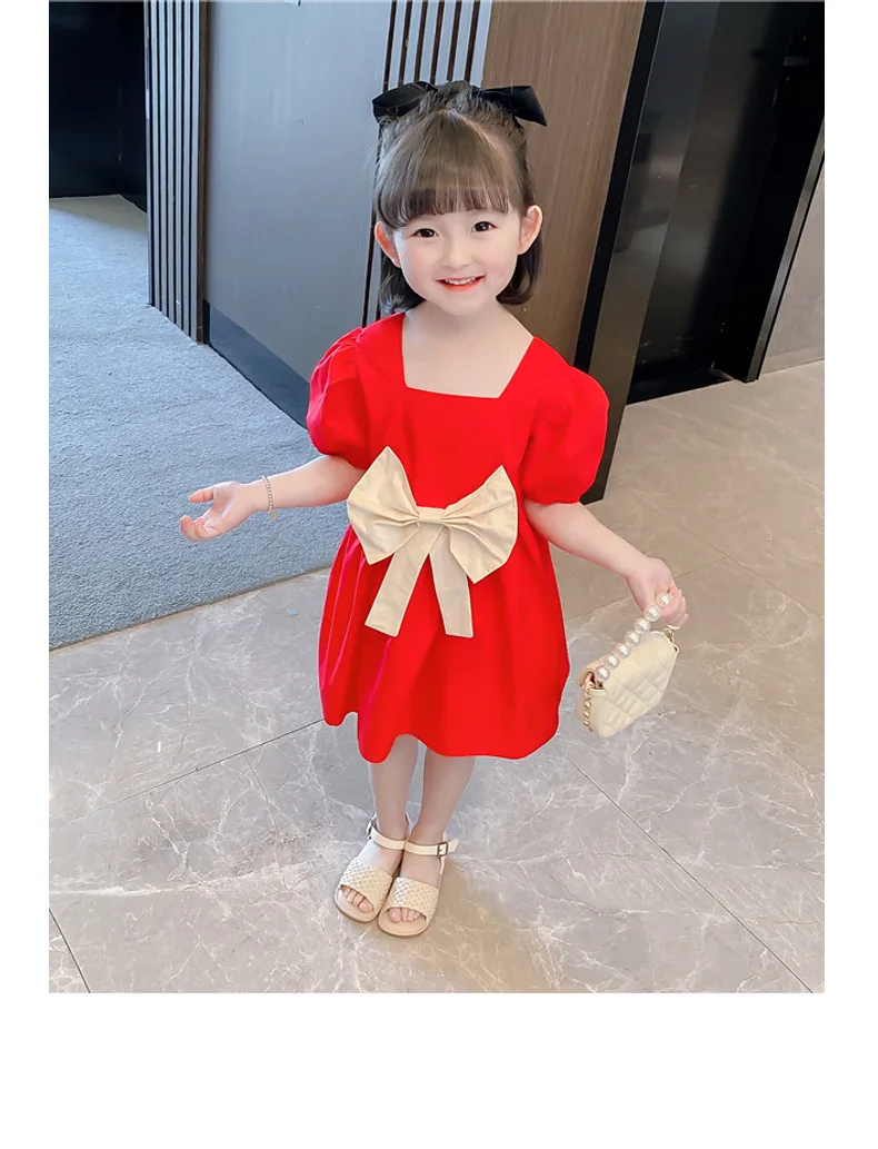 Kinder kleid 2024 neue Mädchen Sommer mode Blase Ärmel Bogen einz eilig Kragen Kleid Säugling Prinzessin Kleid 0-6 Jahre alt – Detail 10