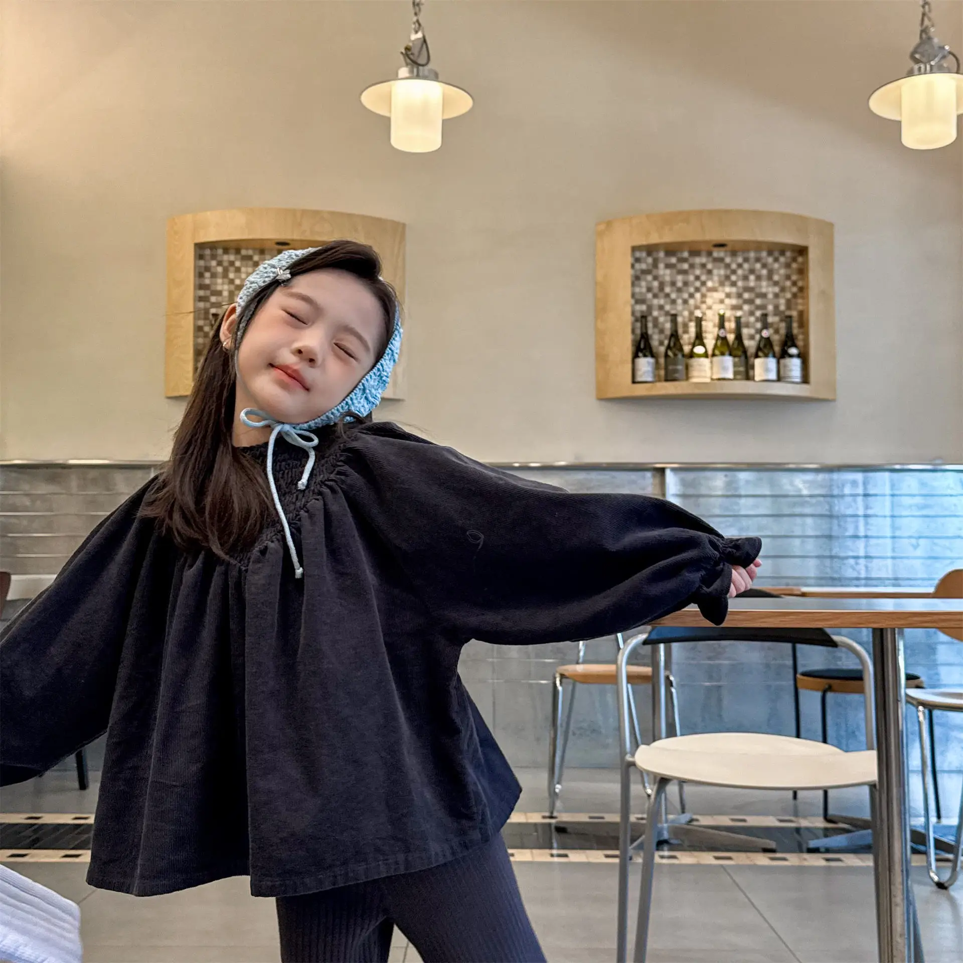 여아용 2026 봄 신상 한국 스타일 박쥐 소매 코듀로이 셔츠 단색 심플 데일리 다용도 착용