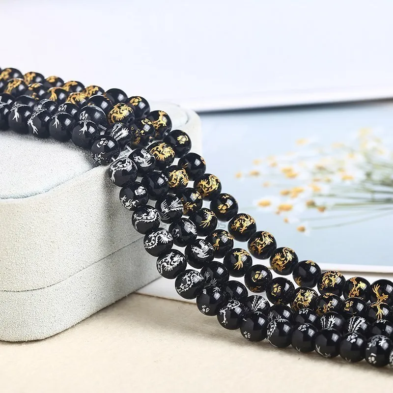 Black Glass Buddha Bead Carved Gold Silver Color Dragon Charm Beads Jewelry Making Diy Bracelets Necklace Accessory
