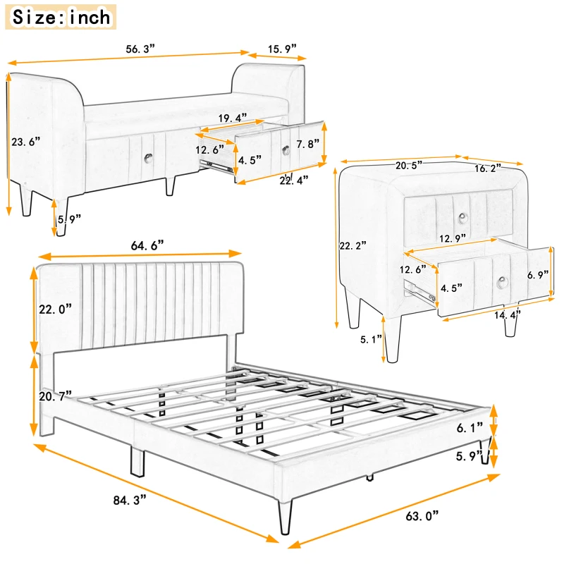 4-Pieces Bedroom Sets Queen Size Upholstered Platform Bed with Two Nightstands and Storage Bench