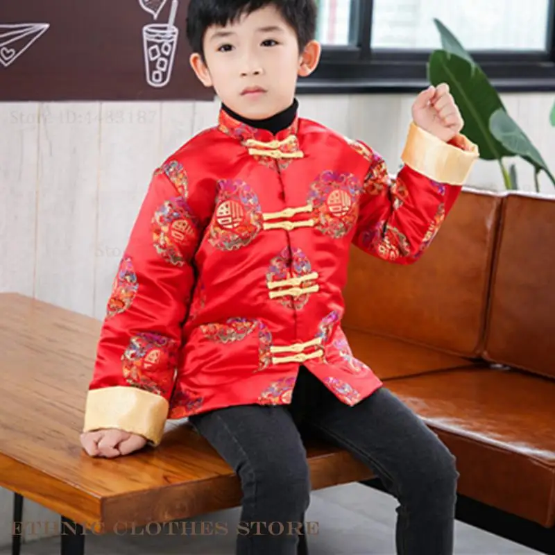 Chinese New Year for Kids Clothes Red Satin Cotton-Padded Traditional Tang Suit Top Print Dragon Hanfu Blouse Oriental Clothing