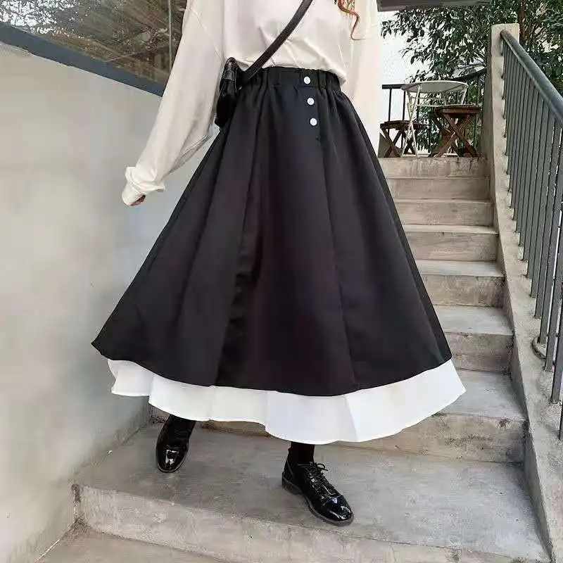 black leather skirt Korean Half Length Skirt Women's 2021 Spring Autumn High Waist Retro Short Skirt Academy Style Black and White A-line Long Skirt black skirt