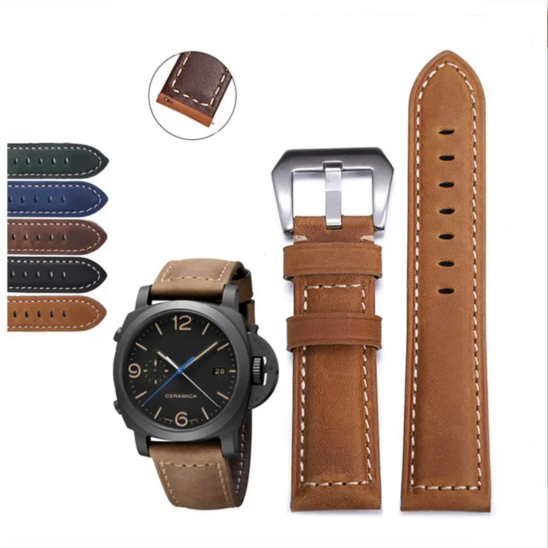 Bracelet Montre En Cuir Véritable 24mm - Bleu Avec Surpiqûres Beiges - Compatible Panerai Et Modèles Similaires - Neuf Sans étiquette - Style Pilote