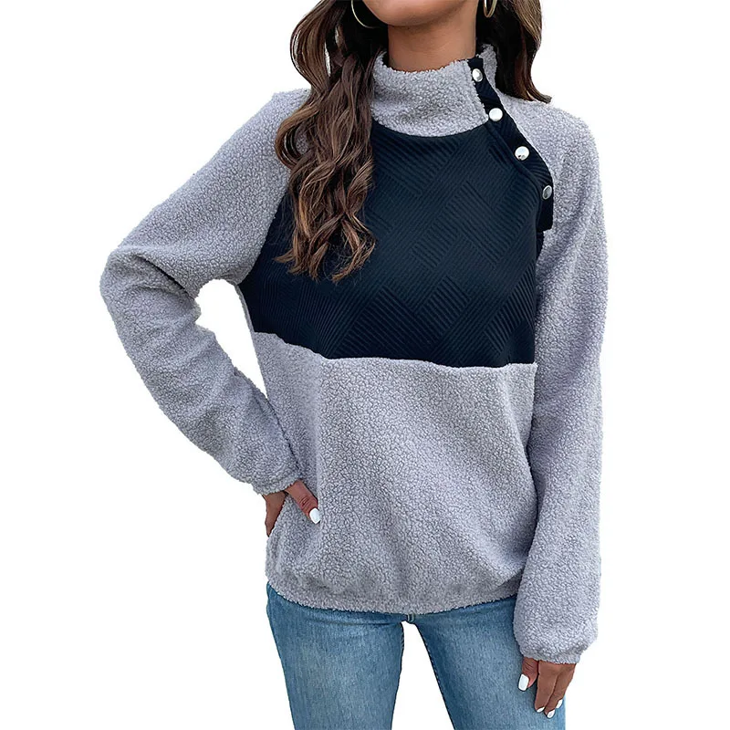 

Fleeced Clothing Woman Sweatshirts Winter Warm Clothes Female Fashion Colorblock Button High Neck Tops Long Sleeve Outerwear