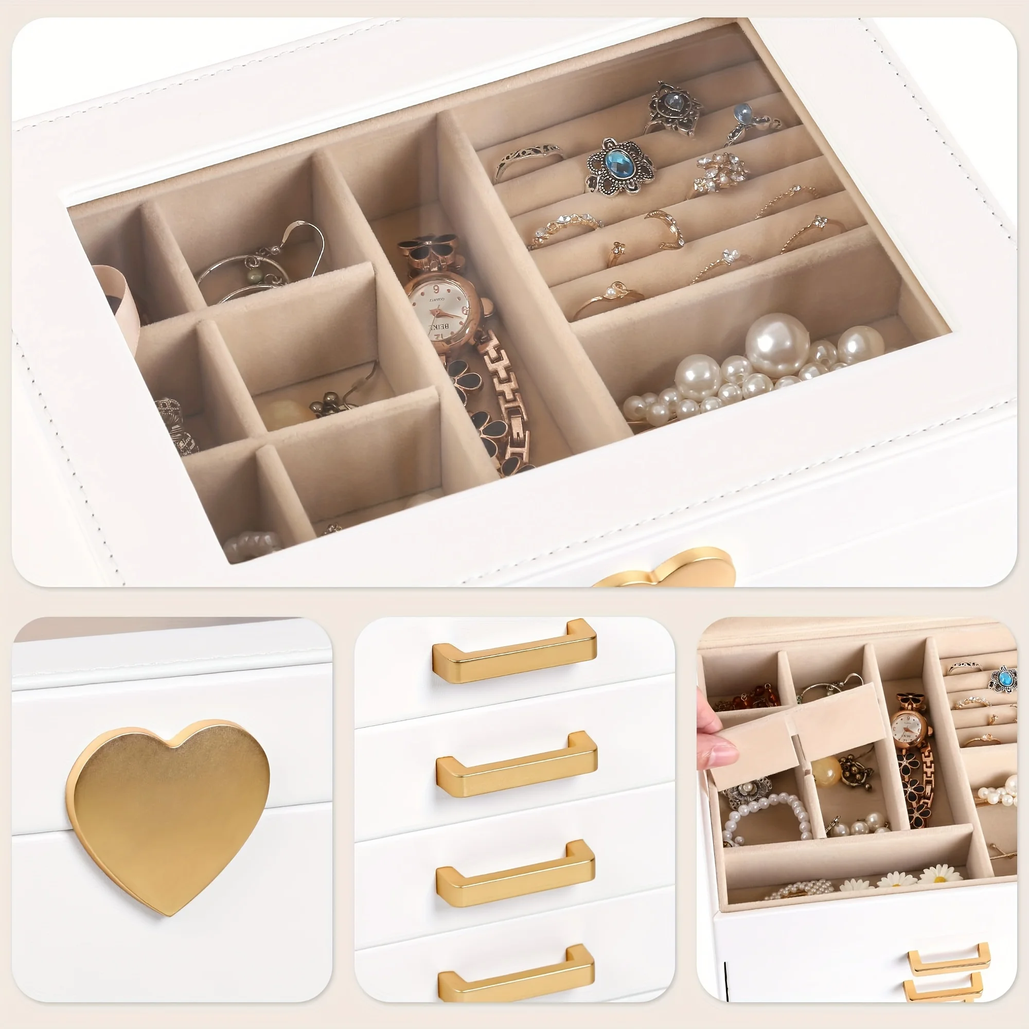 Jewelry Box 5-Layer Organizer Box with Glass Lid Brass Gold White Heart Shaped Storage Box Necklace Earrings Ring Bracelets Gift 6