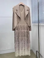 DEAT-معطف نسائي مطوي وفستان شرابة مقسم ، ستايل أنيق ، لون سادة ، قماش فضفاض نسائي ، جديد ، خريف ، 15KB4703 ، طقم 2 قطعة ، 2023 1