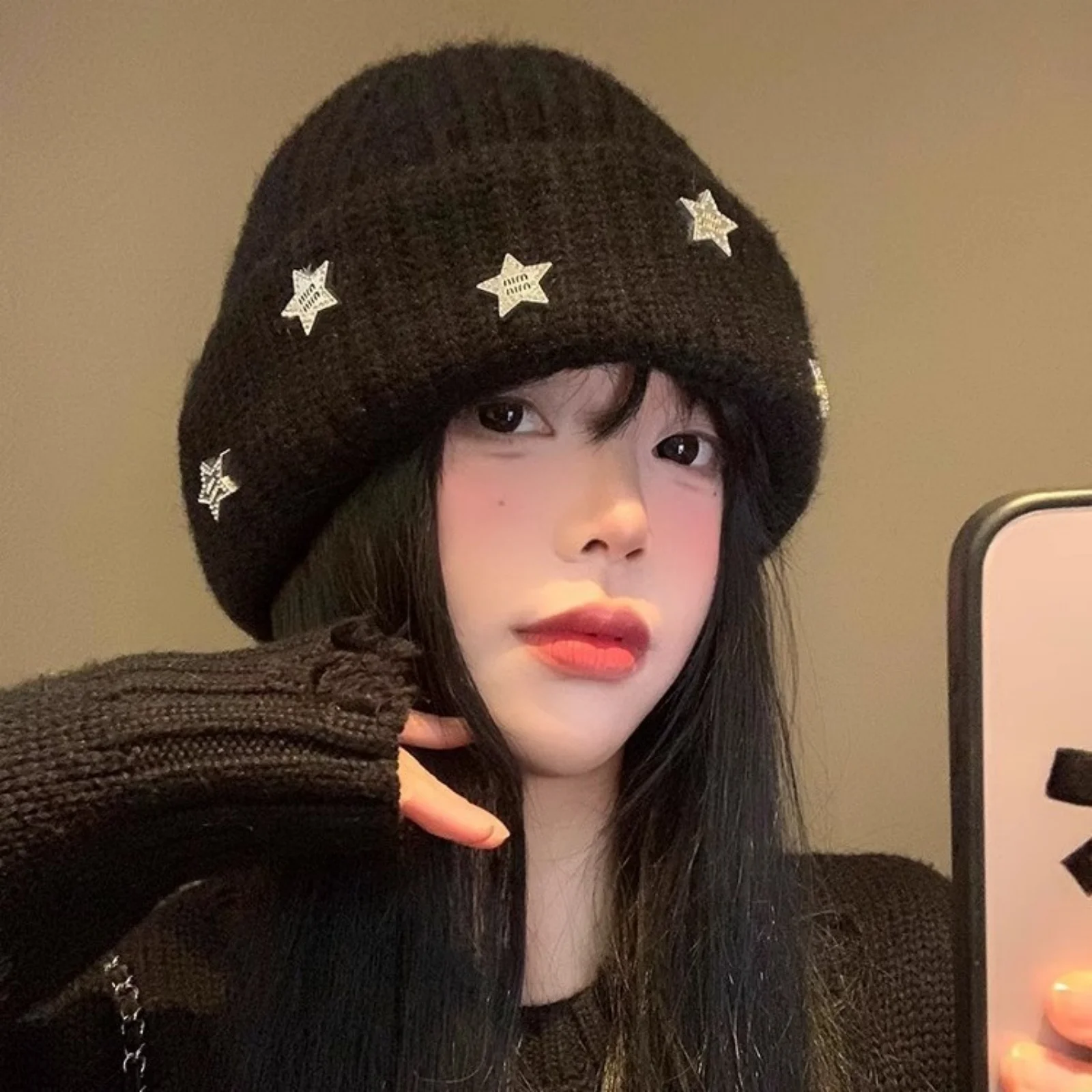 1PC Black Knit Beanie With Star Decor,Sparkly Rhinestone Winter Hat, Soft Warm Women's Headwear,Stylish Fashion Cold Weather Cap