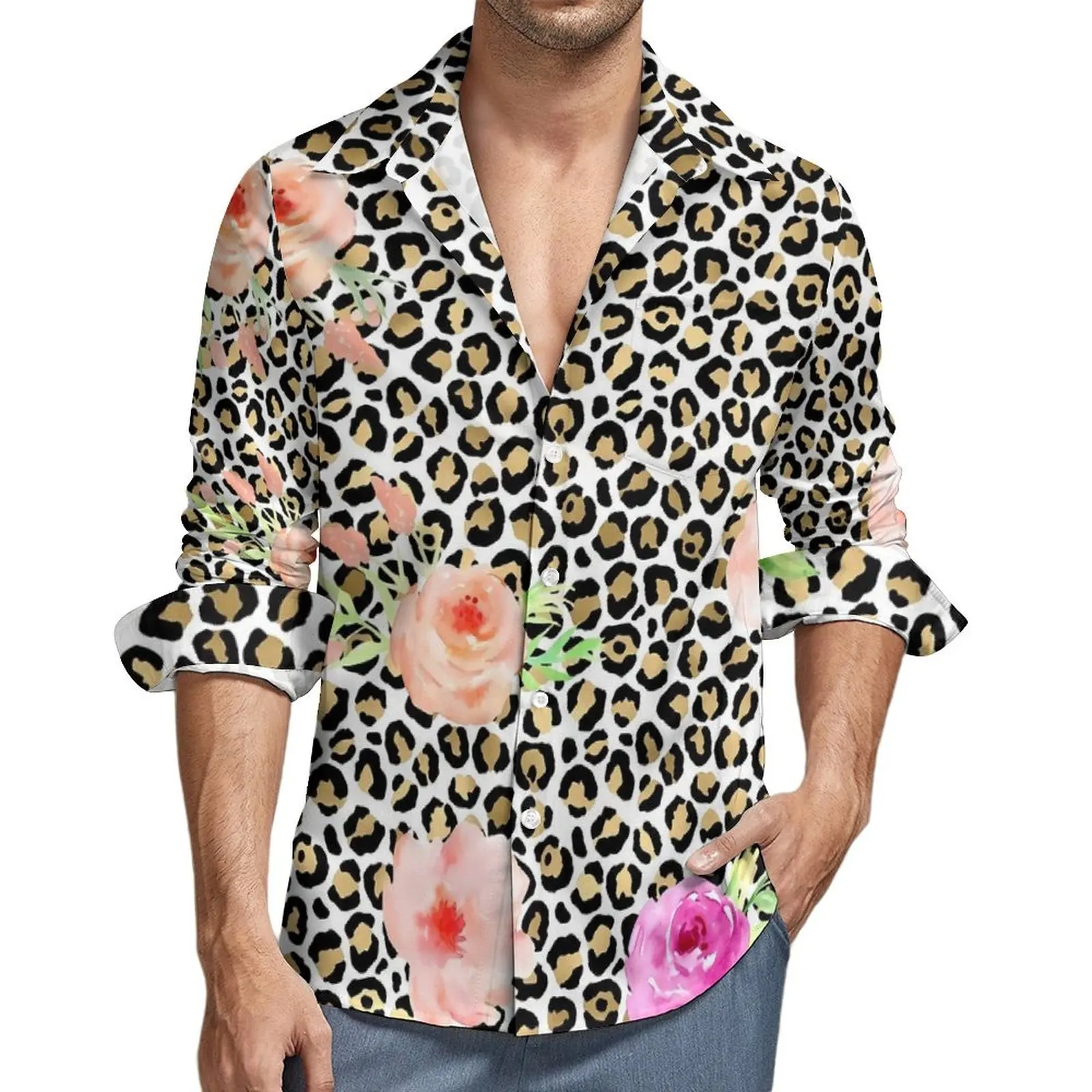 

Floral Leopard Gold Blouse Male Pink Peach Print Shirt Long Sleeve Elegant Stylish Casual Shirts Autumn Graphic Tops Plus Size