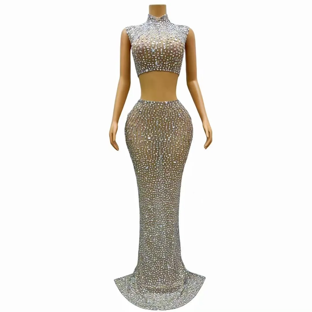 

Sparkly Rhinestones Crop Top Long Skirt 2 Pieces Set Sexy Transparent Stretchy Celebrate Evening Prom Birthday Dress Photo Shoot