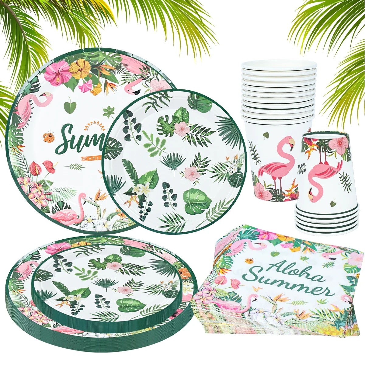 Fengrise Hawaiian Disposable Tableware Paper Plate Cup Hawaiian Party Decoration Flamingo Aloha Summer Tropical Party Supplies