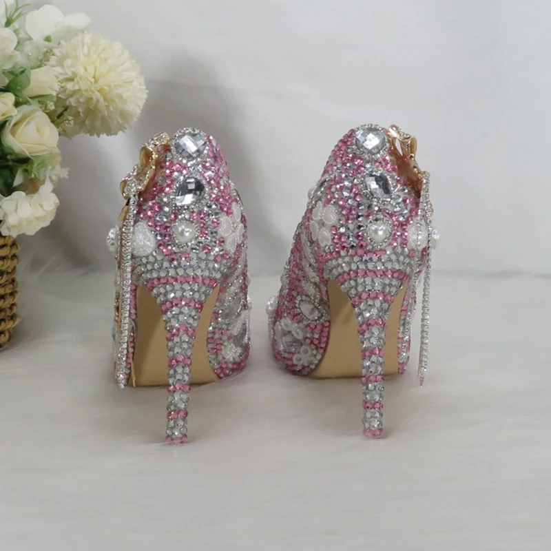 Shallow Women Bridal Wedding Shoes Fashion High Pumps Woman Thin Heel Tassel Crystal Party Dress Shoes Lady Pink Crystal Shoe