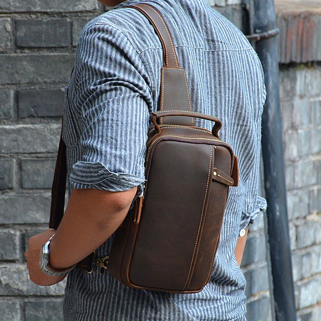 Crazy Horse Leather Sling Bag Vintage Leather Chest Bag Mens Crossbody Bag