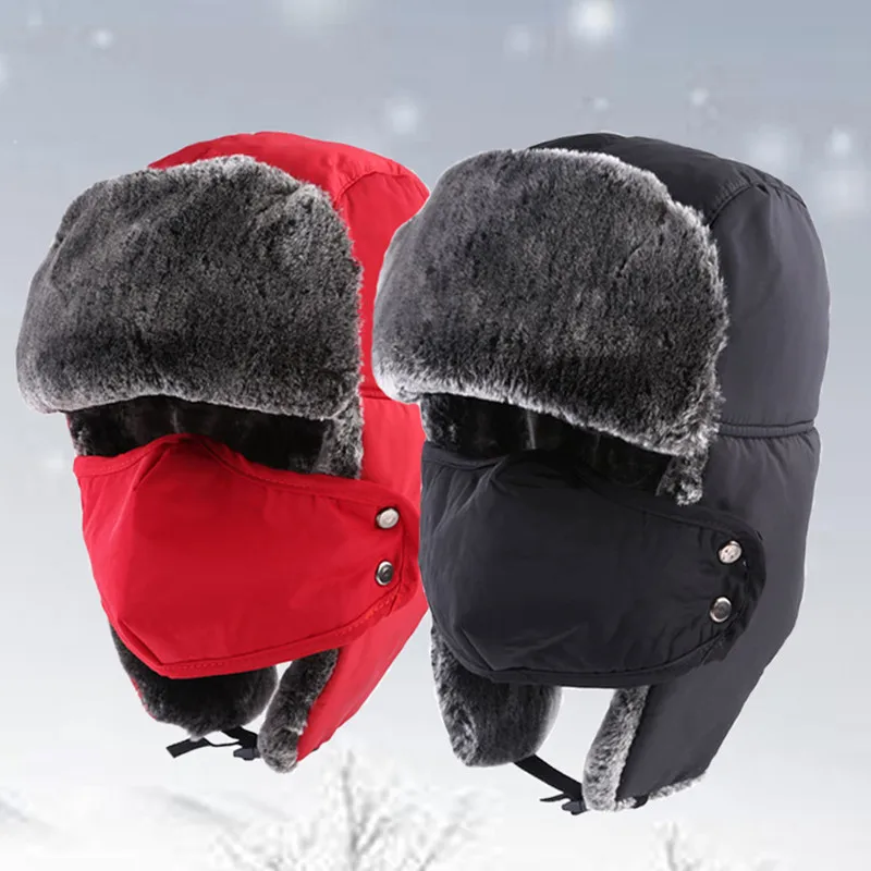 

New Plus Velet Warm Thicken Faux Fur Bomber Hat Men Women Ear Flap Cap Ski Thermal Bonnets Hats Caps Winter Extreme Cold Weather