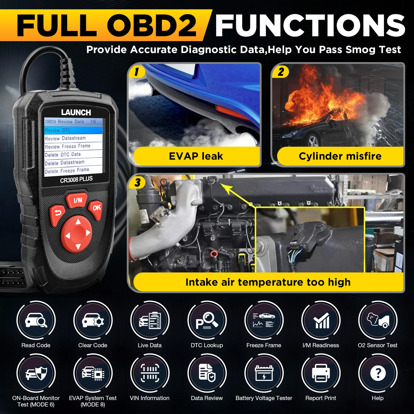 LAUNCH CR3008 PLUS OBD2 Scanner Engine Battery Diagnostic Tools Auto Code Reader Scan Lifetime Free Update Online - 2
