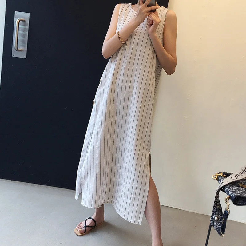 

Summer New Cotton Linen Dress Office Ladies Temperament Side Button Striped Sleeveless Tank Dress o-Neck Casual Beach Robe P389