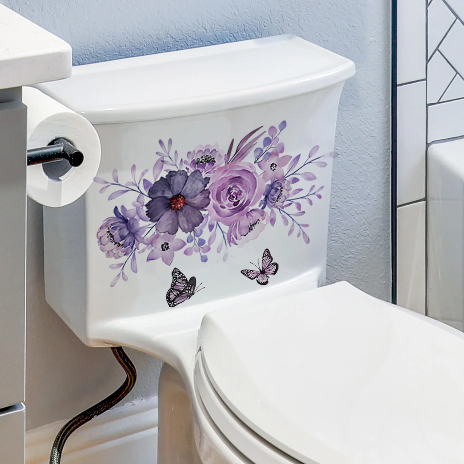 1PC Purple Flowers Toilet Stickers Decoration WC Self-adhesive Wallpaper Mural Toilet Lid Seat Decals Wall Sticker for Kids Room