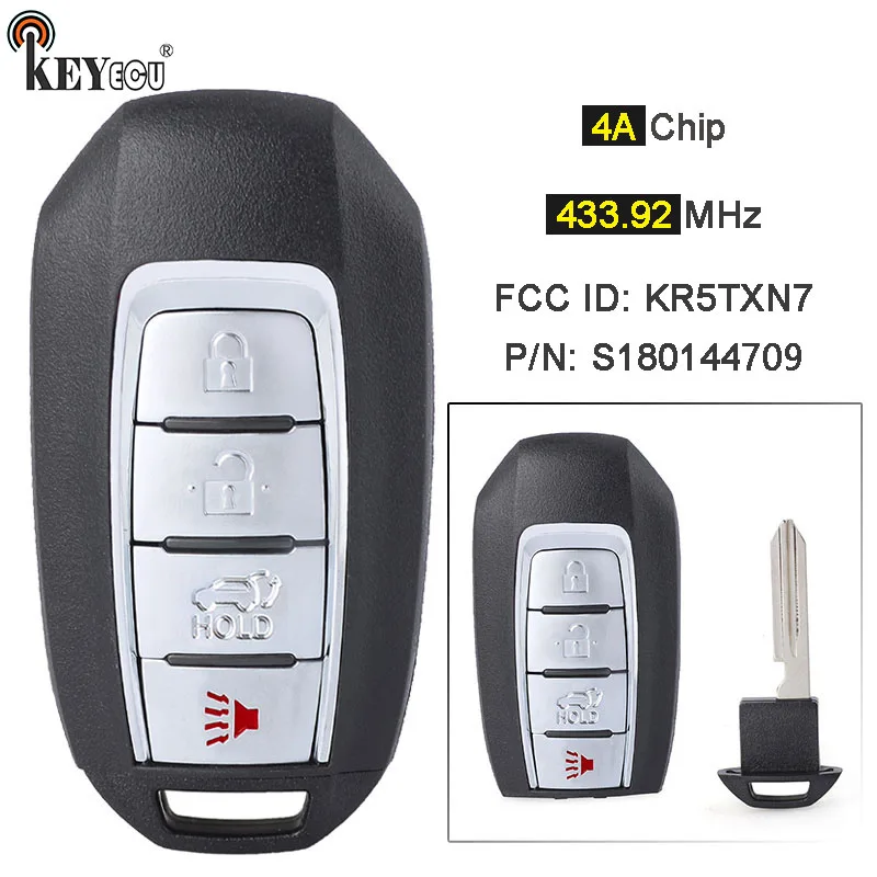 

KEYECU 433.92MHz 4A Chip FCC ID: KR5TXN7 P/N: S180144709 4 Button Keykess Remote Key Fob 4 Button for Infiniti Q60 2019 2020