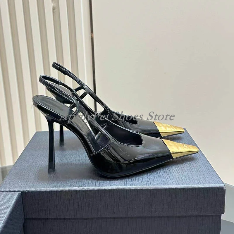 Elegant Womens Shoes Gold Pointed Toe Luxury Brand Party High Heels 4 Inch Black Patent Leather Women Dress Sandals Slingback 5
