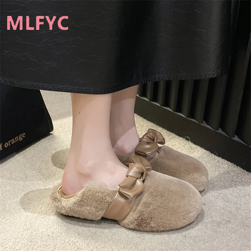 Cotton Shoes Ladies Autumn and Winter New Bow Lazy Shoes Flat Bottom and Plush Two Wear Cotton Shoes Casual Warm Women Shoes