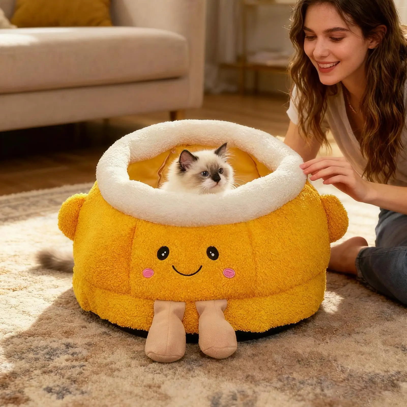 Cat Bed House Warm Orange Shaped Cute Soft Dog Supplies Cat Tent Bed For Outdoor Winter Travel Car Camping Desk Bedside Window